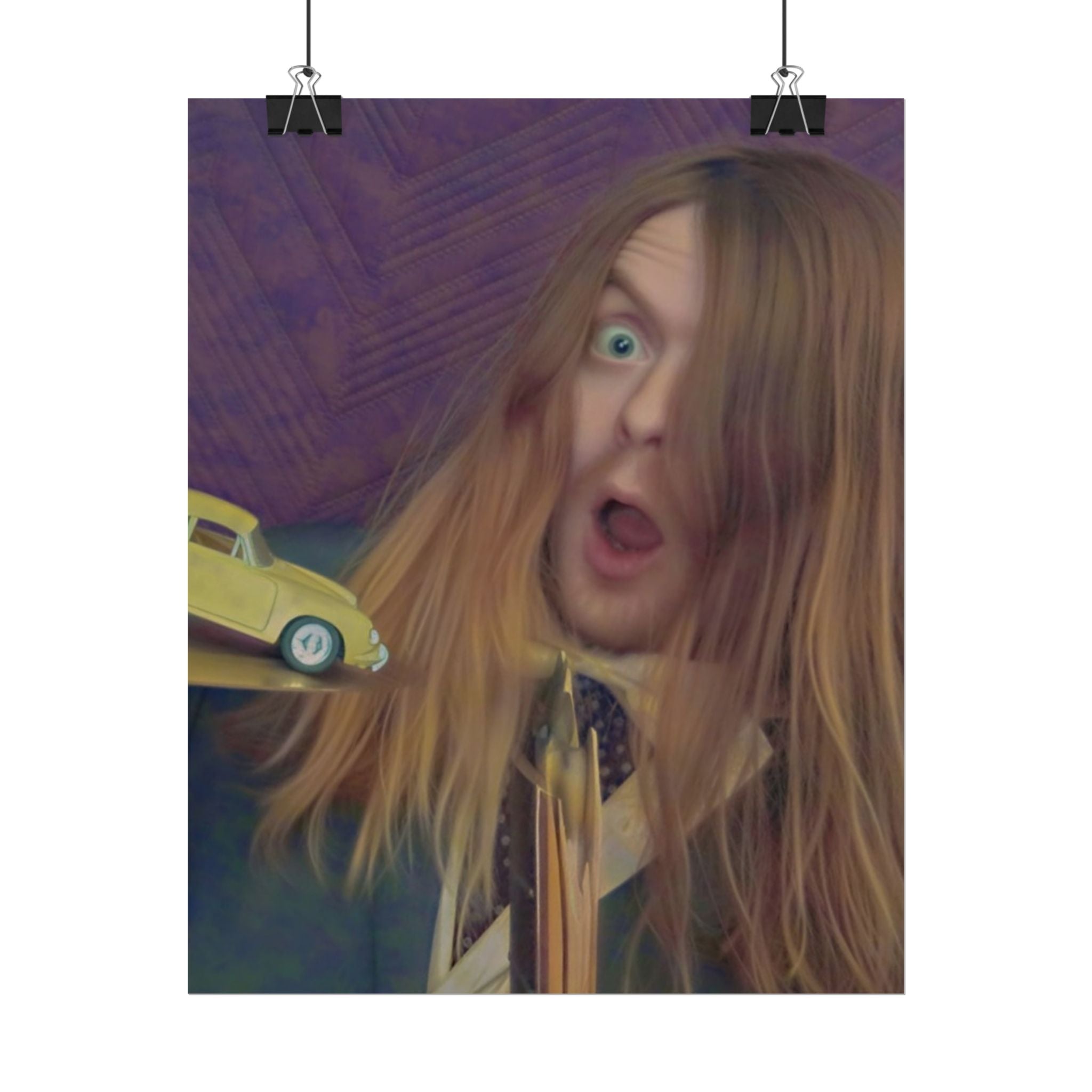 Surprised Long-Haired Portrait Poster — Quirky Vintage Car Art Print