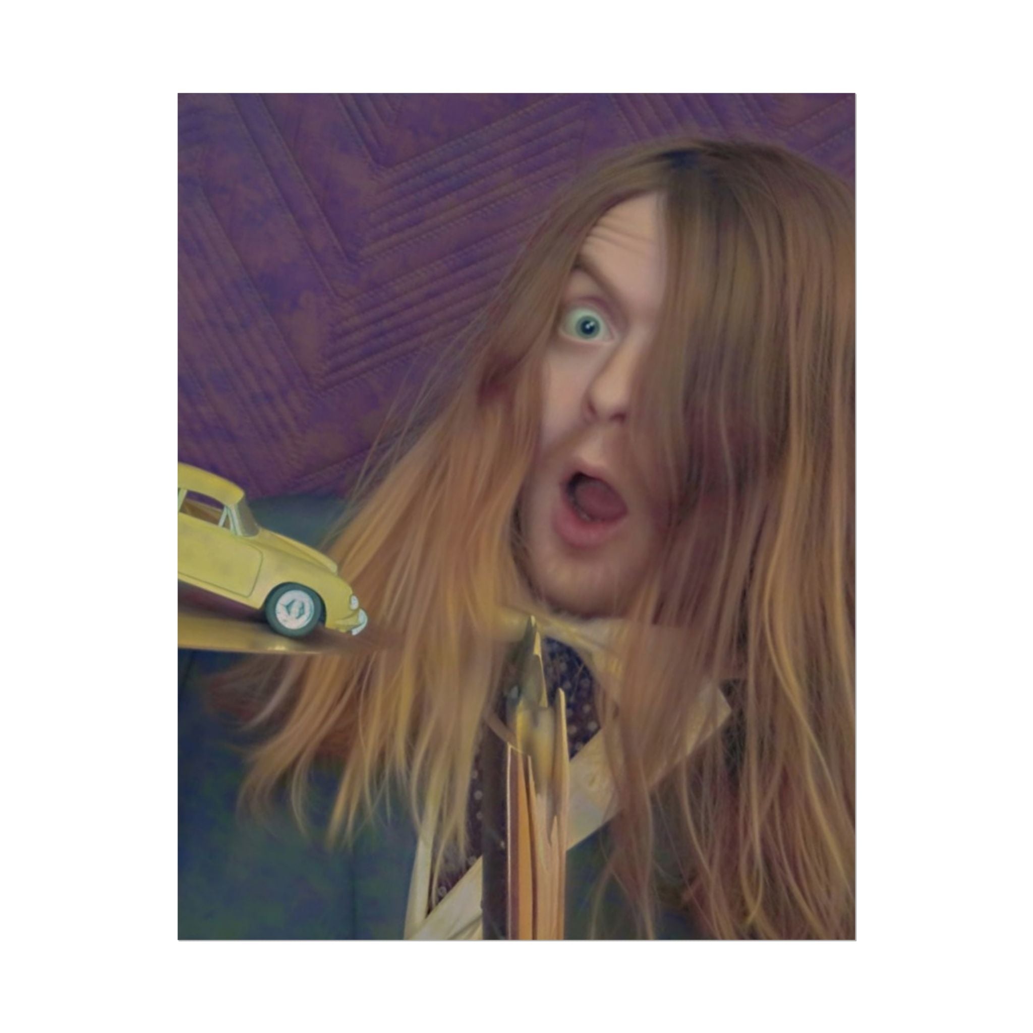 Surprised Long-Haired Portrait Poster — Quirky Vintage Car Art Print