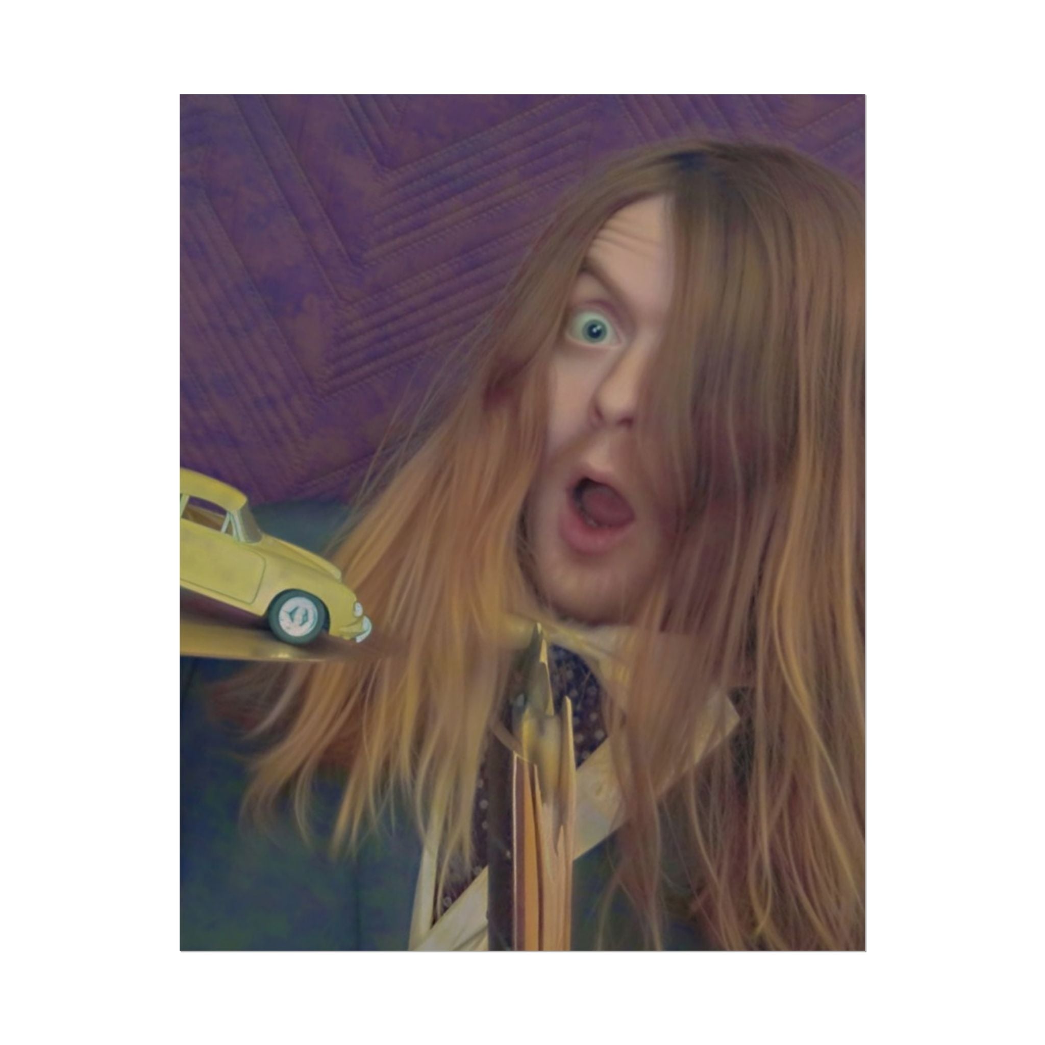 Surprised Long-Haired Portrait Poster — Quirky Vintage Car Art Print