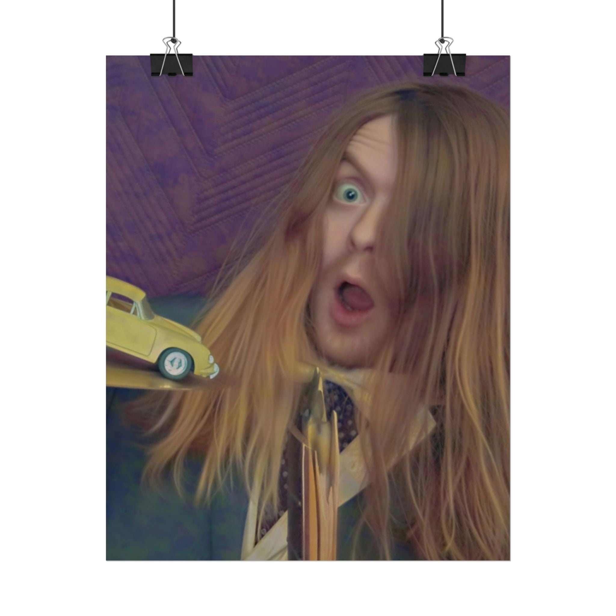 Surprised Long-Haired Portrait Poster — Quirky Vintage Car Art Print