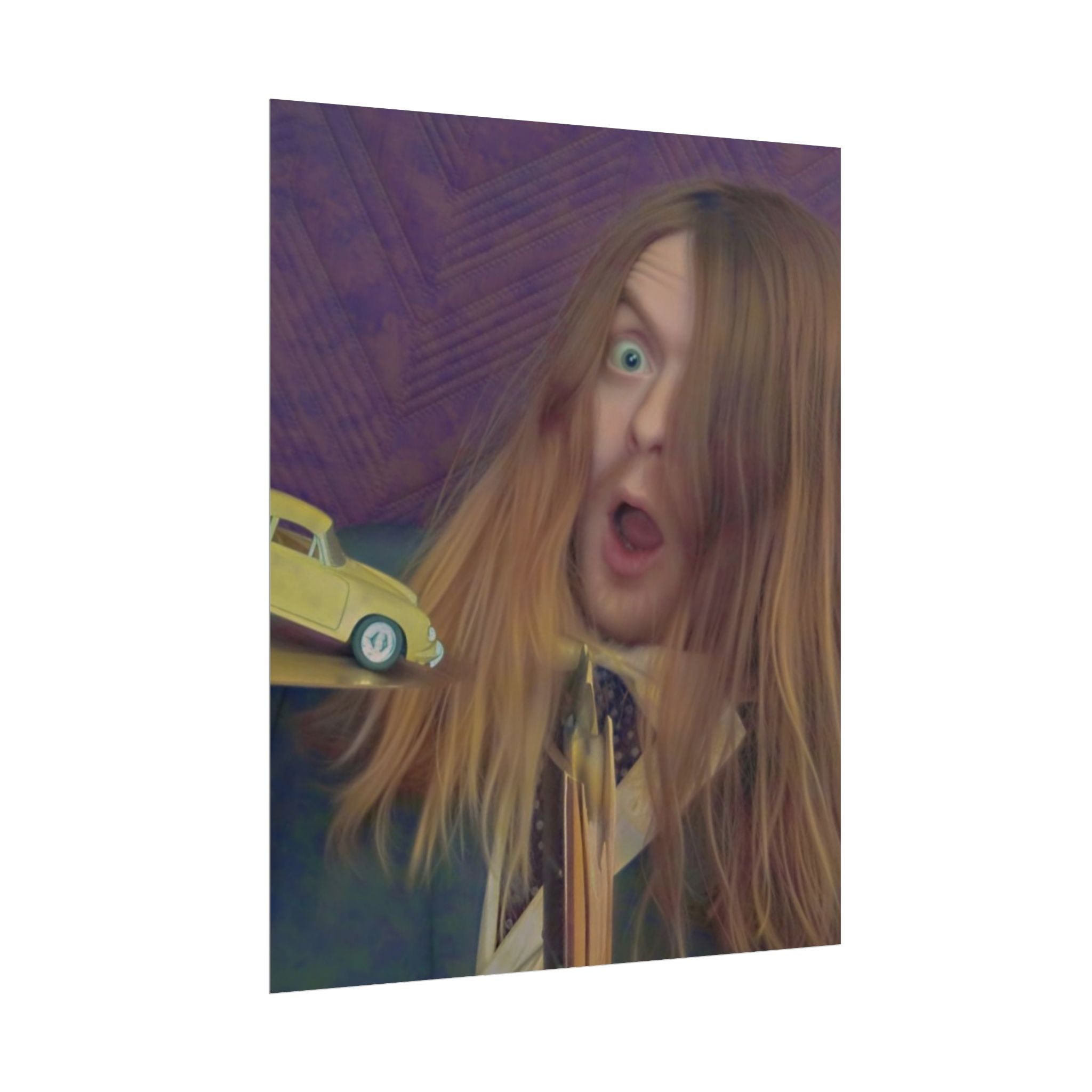 Surprised Long-Haired Portrait Poster — Quirky Vintage Car Art Print